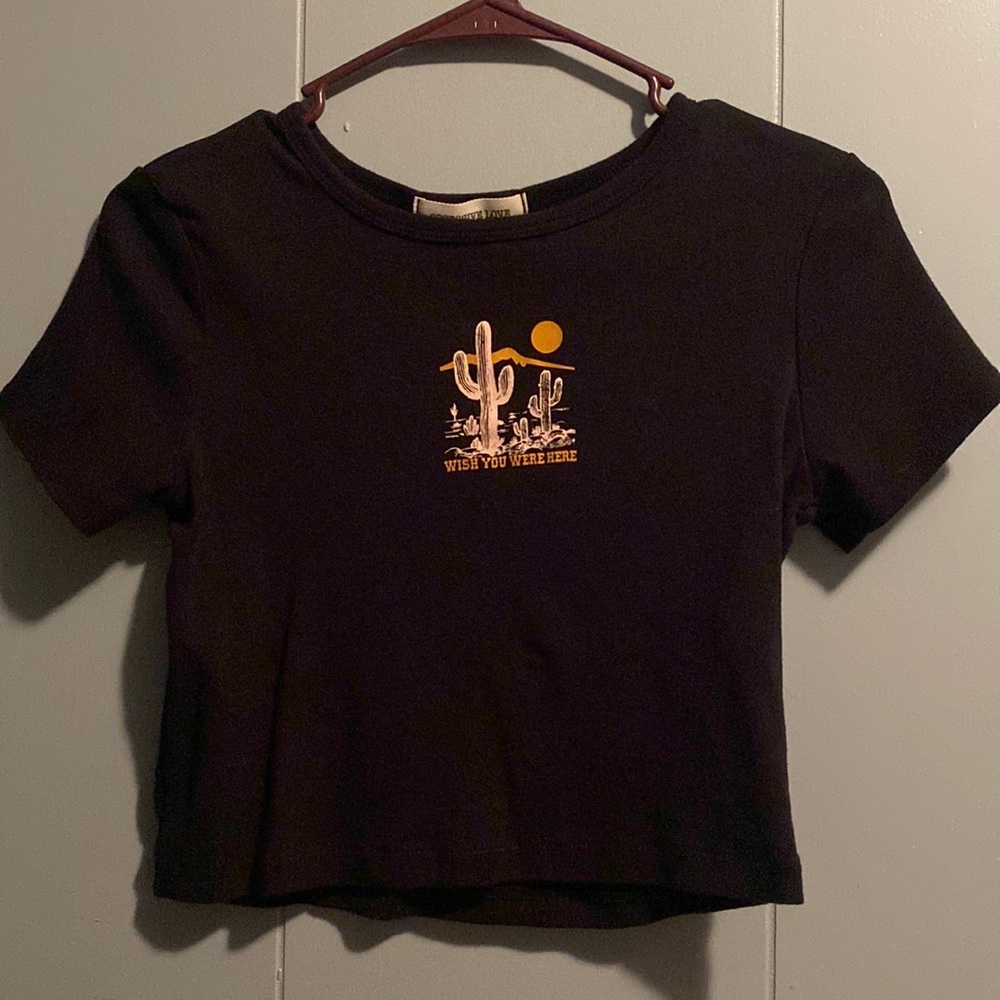 Black, short sleeve crop top, “wish you were here” design